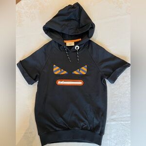 Fendi Black Short-Sleeve Hooded Sweatshirt with Orange & Blue Eye Appliqués